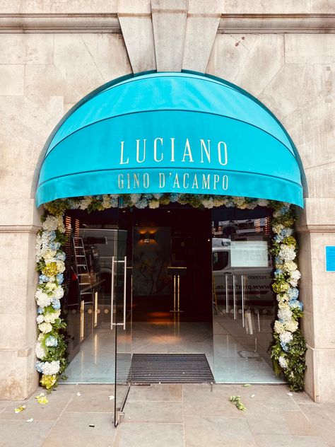 Gino D'Acampo has just opened his new restaurant, Luciano, at the ME Hotel in London, situated on the Strand.   This is an upmarket Italian eatery serving a delicious array of Italian food and was named after his first born son, Luciano.  We were naturally delighted to be given the contract for the impressive elliptical canopies over and around thethe private entrance to the restaurant and the stunning choice of turquoise is and eye catching colour and beautifully compliments the sleek Restaurant Exterior, Hotel In London, Restaurant Names, Food Projects, New Restaurant, Canopies, Contemporary Interior Design, The Restaurant, Italian Restaurant