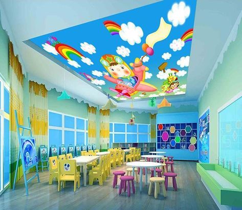 Cute Little Pilot | AJ Wallpaper Playschool Ideas, Daycare Building, Kindergarten Architecture, Daycare Setup, 3d Ceiling, Kids Playrooms, Toddler Daycare, Daycare Decor, Cartoon Airplane