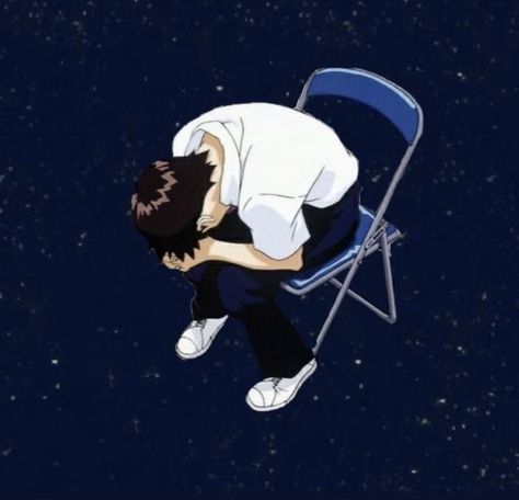 Shinji Sitting On Chair, Anime Guy Sitting On Chair, Shinji Listening To Music, Shinji Sitting, Shinji Chair, Small Widget, Sitting Pose Reference, Evangelion Shinji, Drawing Meme