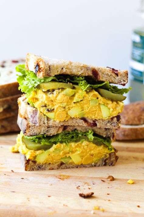 Curried Chickpea Salad, Vegan Egg Salad, Sprouted Grain Bread, Chickpea Salad Sandwich, Fermented Pickles, Lunch Salad, Vegan Egg, Chickpea Salad Recipes, Egg Salad Sandwiches