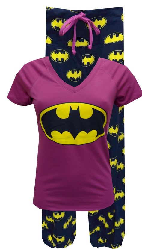 DC Comics Batgirl Pajama Set  Calling all Batgirls...these are the jammies you have been waiting for! This pajama features a classic logo design on a purple v-neck top. The pant has a wide waistband with a drawstring tie and is capri length with elasticized bottom edge. Junior cut. Totally awesome! $30.00 Pajamas For Teens, Batman Outfits, Im Batman, Cute Pajamas, The Batman, Print Pajamas, Batgirl, Pajama Set Women, Latest Fashion For Women