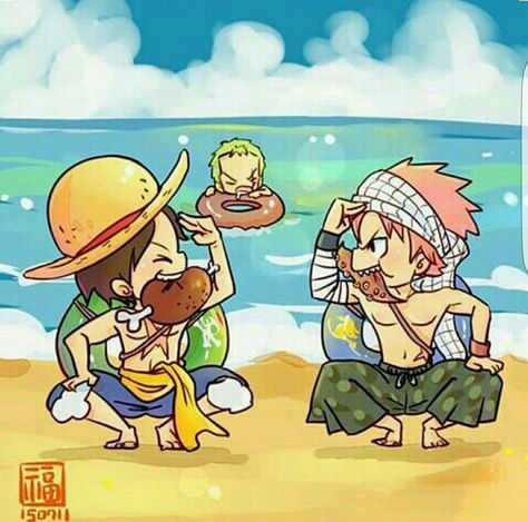 Luffy, Natsu, beach, funny, cute, food, meat, water, Laxus, One Piece, Fairy Tail, crossover; Anime Fairy Tail Anime Natsu, One Piece New World, Anime Beach, One Piece Crossover, One Piece Fairy Tail, Fairy Tail Photos, Tecno Spark 10, Natsu Fairy Tail, Luffy Zoro