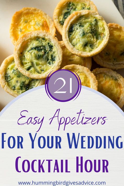 You don't have to overthink cocktail hour appetizers! This post has twenty one easy appetizer or finger food ideas for your wedding cocktail hour. There are tried and true classic appetizers, vegetarian appetizers, healthy appetizers, fried appetizers, and seafood appetizer ideas. All of the appetizers are easy, fun, and easy for your wedding guests to enjoy while also holding a drink and chatting! // getting married // brides // grooms // cocktail hour // happy hour // wedding food // reception Appetizer Ideas For A Wedding, Cocktail Wedding Food Ideas, Fall Cocktail Hour Wedding Food Appetizers, Reception Hors D'oeuvres, Hour Devours Appetizers Wedding, Easy Cocktail Hour Food, Wedding Food Cocktail Hour, Wedding Horderves Appetizers, Cocktail Food Ideas Appetizers