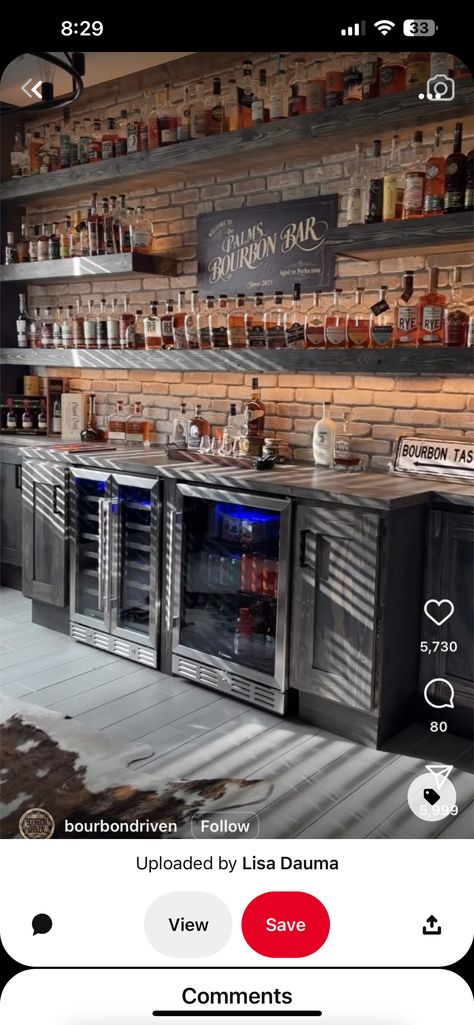 Whiskey Shelf Ideas Man Cave, Man Cave Whiskey Bar, Behind Bar Shelving, Industrial Basement Bar Ideas, Home Bourbon Bar Ideas, Industrial Home Bar Design, Vintage Bar Ideas For Home, Basement Bourbon Bar Ideas, Bourbon Cabinet Ideas