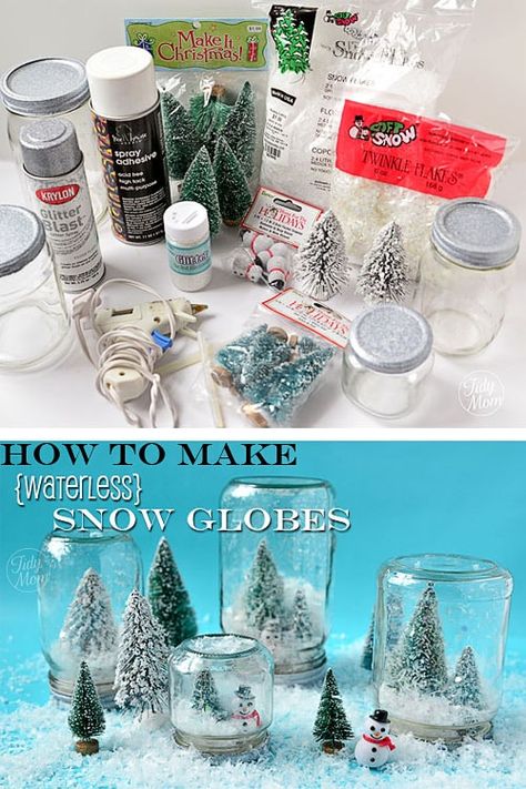 How to make fun {waterless} snow globes at TidyMom.net Waterless Snow Globe Diy, Waterless Snow Globe, Snow Globe Crafts, Globe Crafts, Diy Snow Globe, Christmas Tablescape, Christmas Snow Globes, Easy Christmas Crafts, Christmas Snow