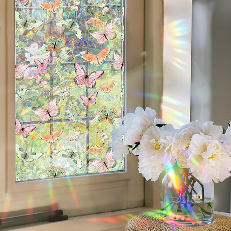 PRICES MAY VARY. 【Innovative 3D Laser Design】Transform your space into a Gorgeous Rainbow Wonderland with our stained glass window film. This privacy window film doesn't have any actual color but creates a mesmerizing rainbow effect when sunlight passes through, elevating your home decor to the next level. 【UV Rejection & Heat Control】Crafted from high-quality vinyl material, our privacy window film effectively blocks 84% of UVA and 99% of UVB rays. By regulating the amount of solar energy that Window Clings Privacy, Window Privacy Film, Rainbow Window, Stained Glass Window Film, Decorative Window Film, Stained Glass Butterfly, Privacy Film, Window Privacy, Window Film Privacy