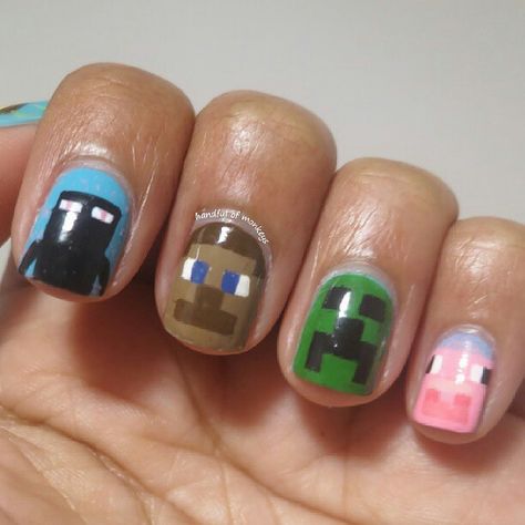 Minecraft nail!!?!??!? I want those so so so so so bad!!!!!!!! I love minecraft Creeper Nails, Minecraft Nails, Minecraft Theme, Minecraft Birthday Party, Minecraft Birthday, Minecraft Party, Minecraft Crafts, Minecraft Creations, Cool Nail Designs