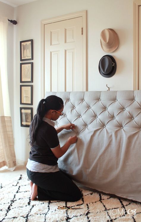 Learn the easiest way to make a DIY Diamond Tufted Headboard for under $50! This is by far the most detailed and easy-to-follow tutorial | Home Made by Carmona Tufted Headboard Diy, Diy Upholstered Headboard, Diy Tufted Headboard, Headboard Tutorial, Headboard Diy, Diamond Tufted Headboard, Diy Headboard Upholstered, Paint Stir Sticks, Egg Crates