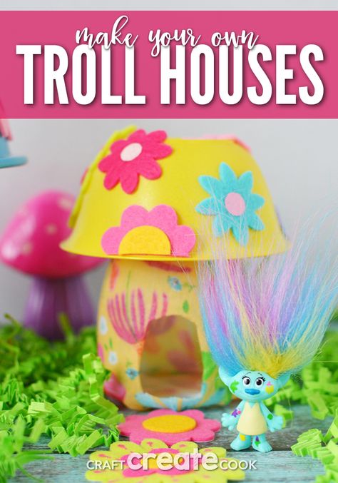 Make your own troll house using plastic recyclables and a few dollar store finds! Trolls Crafts For Kids, Trolls Crafts, Trolls Craft, Storybook Stem, Party Activities For Kids, Dollar Store Finds, Recycling For Kids, Movie Crafts, Trolls Party