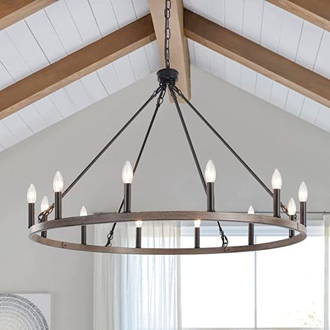 ZJVAIVE 12-Light Black Wagon Wheel Chandelier, 38''Rustic Farmhouse Chandelier,Round Hanging Ceiling Pendant Light Fixture,for Kitchen Island Living Dining Room Bedroom Hallway Entryway Foyer - - Amazon.com Modern Farmhouse Chandelier Dining Rooms, Farmhouse Chandelier Dining Rooms, Bedroom Island, Black Wagon Wheel Chandelier, Industrial Ceiling Fan Light, Wood Pendant Lights, Pendant Lights For Living Room, Chandelier Round, Entryway Light Fixtures