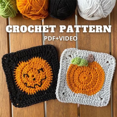 Pumpkin and rustic Granny Square crochet pattern Fall Leaf Granny Square, Granny Square Halloween, Pumpkin Granny Square, Crochet Grandma, Square Pumpkin, Granny Square Häkelanleitung, Pumpkin Squares, Crochet Pour Halloween, Square Crochet Pattern