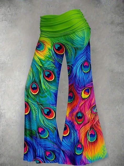 Plus Size Women Peacock Feather Print Bell-Bottomed Pants | SHEIN USA Matching Clothes, Pin Pin, Flare Leg Pants, Casual Cardigans, Bell Bottom Pants, Feather Print, Plus Size Pants, Elastic Waist Pants, Peacock Feather