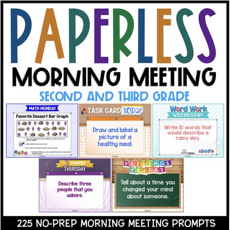 This is a set of 225 Paperless Morning Meeting Slides from Education to the Core for 2nd and 3rd grade. 225 Morning Meeting Slides: 45 Math Monday Slides Class Pledge, Morning Meeting Slides, Higher Level Thinking, Second Grade Teacher, Task Card, Work Skills, Third Grade Math, Morning Meeting, Cooperative Learning