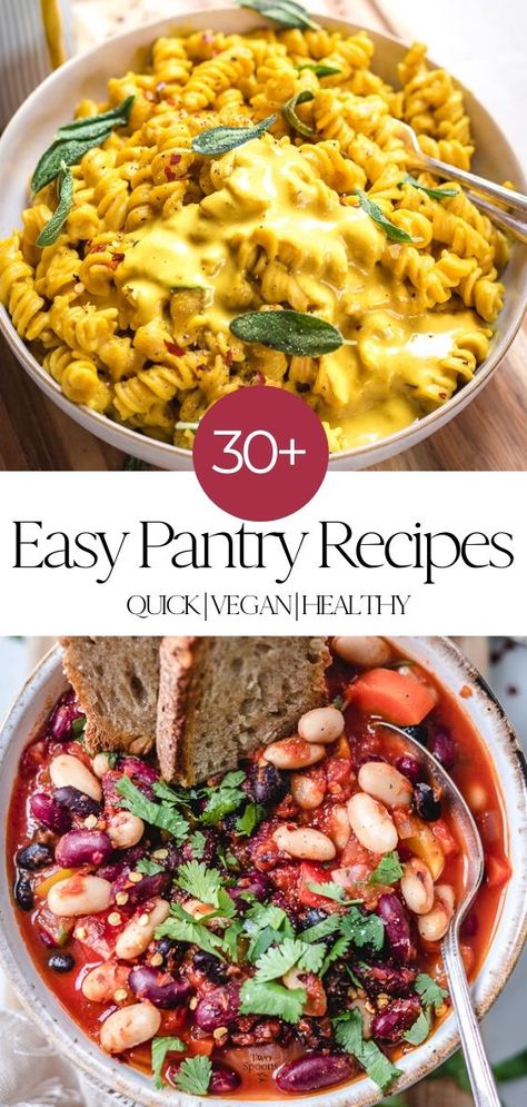 What to cook for breakfast, snack time and dinner using pantry items. Easy pantry meals and recipe ideas. Freezer Staples, Health Recipes Easy, Vegan Pantry Staples, Pantry Meals, Easy Vegan Lunch, Pantry Recipes, Healthy Pantry, Vegan Pantry, Recipes For Breakfast