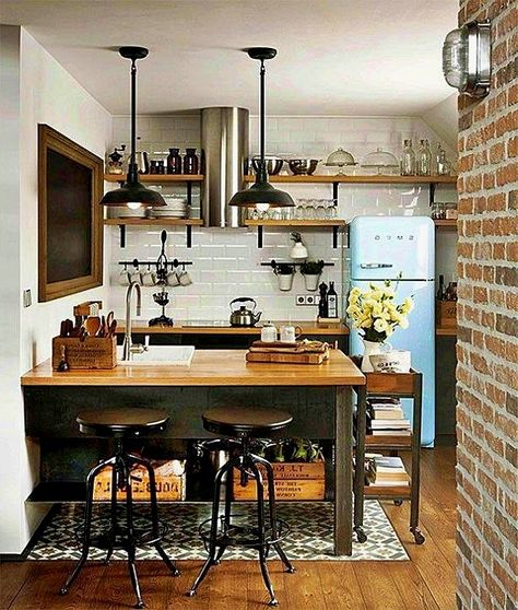 Small Industrial Kitchen, Small Kitchen Decoration, Industrial Decor Kitchen, Industrial Kitchen Design, Small Apartment Decorating, Industrial Kitchen, Apartment Kitchen, Kitchen Style, Kitchen Styling