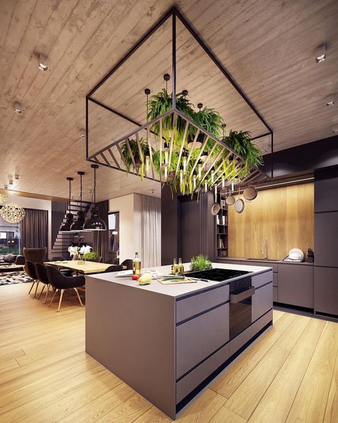 Incredible Hanging Plant Design . Rate this Kitchen from 1-10 . Follow @aither.interior . Designed by @zarysy.pl . . .… Modern Contemporary Kitchen, Luxury Exterior, Wood Floor Kitchen, Loft Interior, Contemporary Apartment, Beautiful Kitchens, Apartment Design, Contemporary Kitchen, Interior Design Trends