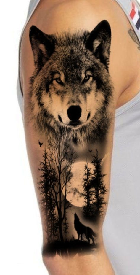 Wolf Reflection Tattoo, Reflection Tattoo, Unique Animal Tattoos, Wolf Sleeve, Cute Tattoo Ideas, All Seeing Eye Tattoo, Left Arm Tattoos, Wolf Tattoos Men, Bear Tattoo Designs