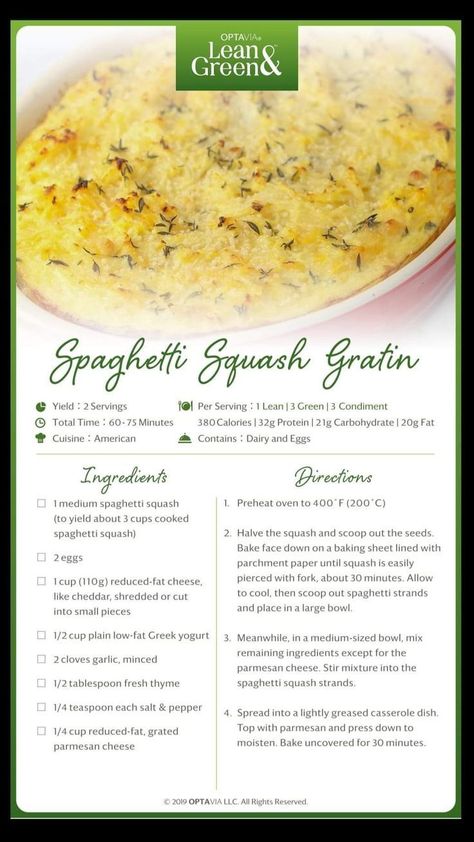 Spaghetti Squash Gratin, Squash Gratin, Lean Protein Meals, Optavia Recipes, Lean And Green, Lean Meals, Lean And Green Meals, Protein Meals, Food Club