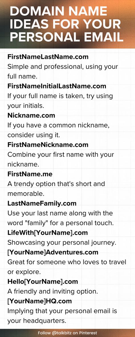 If you want to stand out in the inbox, check out these creative domain name ideas for your personal email! Discover unique suggestions and make a lasting impression. Use our free and easy domain name search tool to find your perfect match. #EmailTips #PersonalBrand #DomainNames Email Names Ideas Unique, Email Names Ideas, Email Name Ideas, Domain Name Ideas, Professional Email, Blog Names, Blog Niche, Ecommerce Marketing, Pinterest Templates