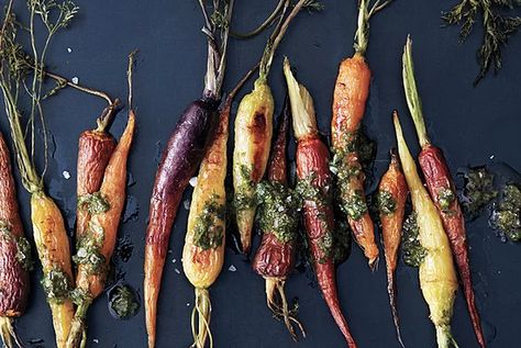 Carrots and Chimichurri Best Carrot Recipe, Carrot Parsnip, Chimichurri Recipe, Julienned Carrots, Holiday Side Dish, Shredded Brussel Sprouts, Herb Sauce, Holiday Side, Potato Sides