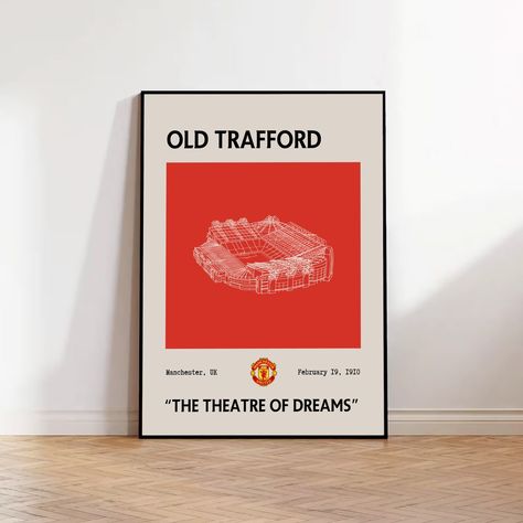 This Manchester United, Old Trafford Stadium poster print in a nice nostalgic look is a must-have for a Manchester United fan. A great gift for boyfriends, husbands, friends, or kids who have a love for this fantastic club. It's a downloadable poster that you can immediately print or have it print for you by a print service of your choice. This wall poster is in a very vintage modern design with minimalistic style is a great poster for a bedroom, an office, a living room, a hallway any other roo Man United Poster, Manchester United Bedroom, Minimalist Mens Bedroom, Poster Design Football, Apt Aesthetic, Men Living Room, Manchester United Gifts, Old Trafford Stadium, Manchester United Poster