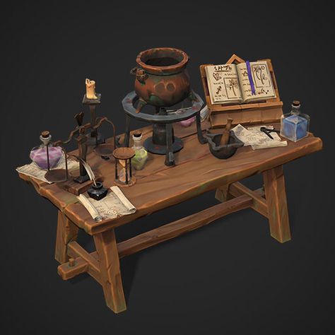 ArtStation - Props: Brewing Station Environment Props Concept Art, Animation Prop Design, Fantasy Props Diy, Alchemy Station, Prop Design Concept Art, Props Modeling, Room Animation, Witch Brewing, Witch Table