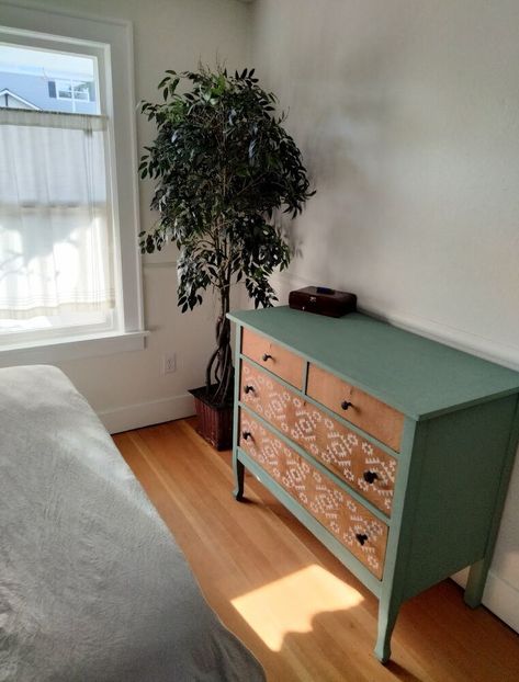 This dresser started off in rough shape. It was painted almost completely black and not done well at that. I sanded the entire dresser down to the wood grain, except for the top. I only did a rough sanding on the top because I knew I would be repainting it. I rough sanded the top with an 80 grit sanding block and then a 120 grit sanding block. I used a combination of my power sander and hand sanding for the rest of the piece. Once I had everything sanded down the way I wanted it I stai… Stenciling Furniture, Stenciled Dresser, Stencil Dresser, Power Sander, Boho Furniture, Sanding Block, Diy Dresser, Diy Furniture Renovation, Painted Dresser