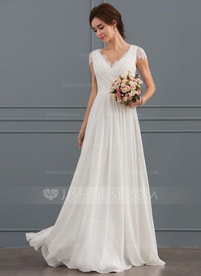 A-Line V-neck Floor-Length Chiffon Lace Wedding Dress With Ruffle (002127339) - JJ's House Wedding Dresses Under 100, Ruffle Wedding Dress, Global Dress, Chiffon Wedding Dress, Wedding Dress Chiffon, Wedding Robe, Lace Wedding Dress, Chiffon Lace, A-line Wedding Dress