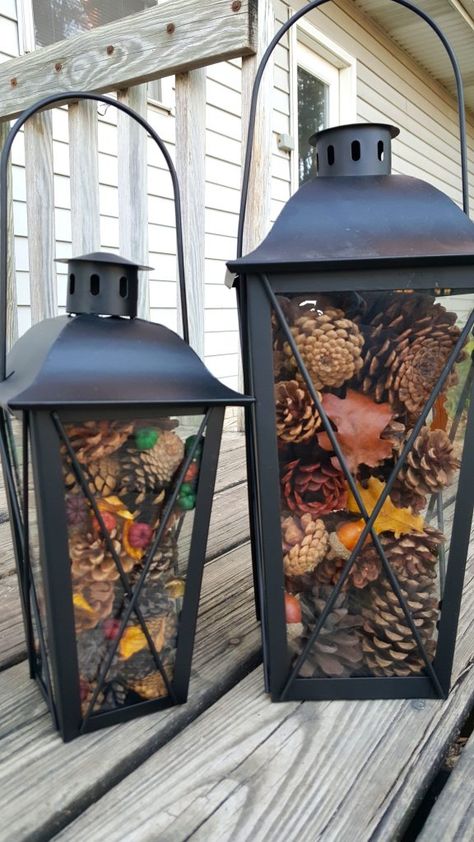 Decor With Lanterns, Large Candle Lanterns, Outside Fall Decor, Entrance Table, Fall Thanksgiving Decor, Festive Holiday Decor, Autumn Decorating, Metal Lanterns, Fall Decorations Porch