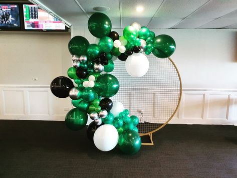 Green Balloon Garland setup on Gold Mesh Wall Backdrop Balloons and Mesh Wall by @partysuperstore Venue @morphettville_racecourse #adelaideballoons #adelaideballoonstylist #adelaidepartyballoons #adelaideballoonshop #adelaideballoondecor #adelaideballoongarland #meshwallhire #adelaidemeshwall #partysuperstore Green Balloon Garland, Backdrop Balloons, Balloons Galore, Personalized Balloons, Balloon Shop, Green Balloon, Balloon Columns, Wall Backdrops, Confetti Balloons