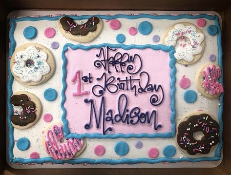 Donut Birthday Cake, Sheet Cake Designs, Birthday Sheet Cakes, Donut Cake, Cake Writing, Donut Birthday, Adult Birthday Cakes, Sheet Cakes, Simple Birthday Cake