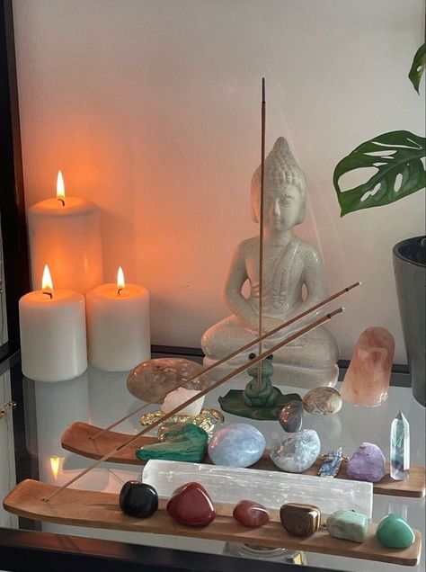 Candles And Incense Aesthetic, Candles And Incense, Crystals In Bedroom Aesthetic, Minimalist Spiritual Bedroom, Spiritual Aesthetic Bedroom, Clean Spiritual Aesthetic, Crystals And Incense Aesthetic, Incense Aesthetic Bedroom, Zen Vibes Aesthetic