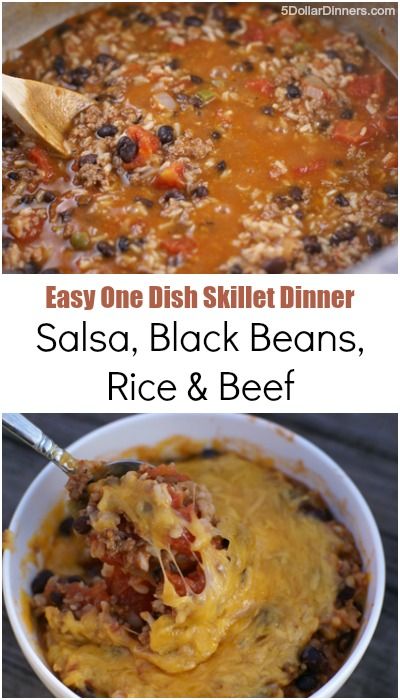 Salsa, Black Beans, Rice & Beef ~ Easy One Dish Skillet Dinner | 5DollarDinners.com Easy Beef Burrito Skillet, Budgeting Meals, Supper Casseroles, Crowd Food, Black Beans Rice, Beef Skillet, 5 Dinners, Frugal Cooking, Skillet Dinner Recipes