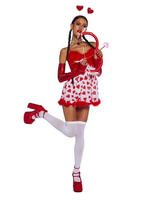 cuz I'm ready to fall in luv. This costume includes a mini dress with a marabou bust and hem, a heart print all over, clear vinyl fingerless gloves, a heart antennae headband, wings, and a lil bow and arrow to complete the look. Minnie Mouse Costume For Women Pink, Hot Nerd Halloween Costumes, Womens Cupid Costume Halloween, Cupid Costume Black Women, Plus Size Cupid Costume, Easy Cupid Costume, Love Letter Costume, Classy Costumes For Women, Costume Inspo Women