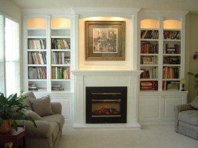 Fireplace and custom bookshelves. For us one book shelf and one window bench with upper bookshelves Shelves Around Fireplace, Bookshelves Around Fireplace, Living Room Built In Cabinets, Built In Bookcases, Fireplace Bookcase, Design Camino, Built In Around Fireplace, Custom Bookshelves, Fireplace Bookshelves