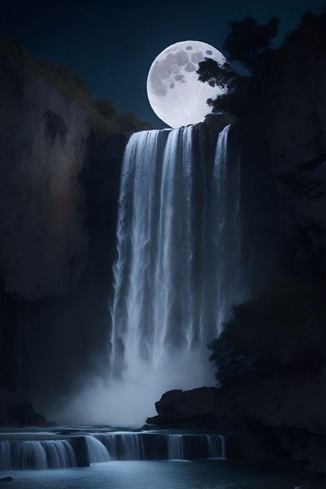 Underwater At Night, Moon And Water Wallpaper, Night Waterfall, Moon Paintings, Moon Over Water, Walk In The Forest, Waterfall Pictures, Romantic Story, Forest Waterfall