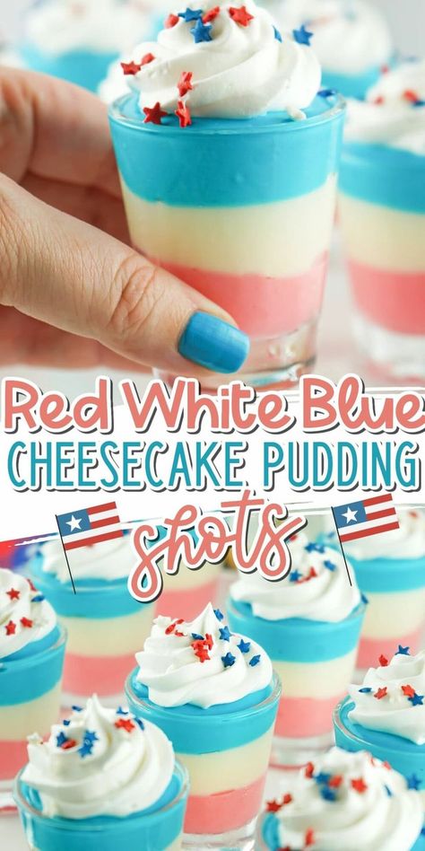 Red White and Blue Pudding Shots are perfect for the Fourth of July! Made in minutes using instant pudding, half and half, vodka, and food coloring. Fourth Of July Boozy Treats, Red White And Blue Pudding Shots, Patriotic Pudding Shots, Superman Pudding Shots, Bomb Pop Jello Shots Recipes, Red White And Blue Brownies, Cheesecake Pudding Shots Alcoholic, 4th Of July Pudding Shots, Alcoholic Candy Recipes