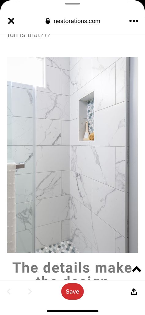 Carrara Tile Shower Wall, Porcelain Marble Tile Bathroom Showers, Marble Shower Niche Ideas, Blue And White Bathroom Tile Ideas, Marble Tile Shower Walls With Accent, Shower Niche Accent Tile, Porcelain Shower Wall Tile, Bathroom With Porcelain Tile, Marble Look Porcelain Tile Bathroom Shower Walls