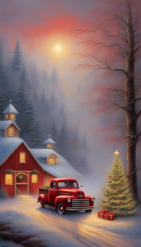 Holidays Wallpaper, Winter Christmas Scenes, Christmas Red Truck, Paintings Acrylic, Christmas Scenery, Christmas Town, Wallpaper Iphone Christmas, Christmas Truck, Whimsical Christmas