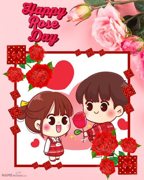 Happy Rose Day Photo Frame Free Digital Online - Love Frame. This is a cute happy rose day photo frame for your loved ones. Insert a cute couple photo and send him/her on rose day. Happy Valentines week. Happy Rose Day Couple Pic, Rose Day Couple Pic, Happy Rose Day Wallpaper, Rose Day Wishes, Rose Day Wallpaper, Happy Anniversary Photos, Valentines Week, Happy Rose Day, Love Frame