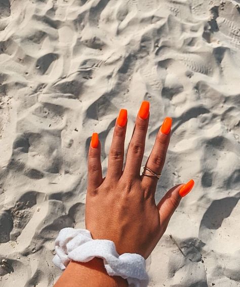 Vacation Nails Coffin Shape, Bright Neon Orange Nails, Vacation Nails Coffin, Neon Orange Nails, 2023 Nails, Long Square Nails, How To Cut Nails, Vacation Nails, Summer Acrylic Nails