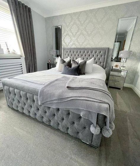 Grey upholstered headboard Silver Bedroom, Grey Bedroom Decor, Luxury Room Bedroom, Glam Bedroom, Classy Bedroom, Dream Apartment Decor, Apartment Decor Inspiration, Luxury Rooms, Room Makeover Bedroom