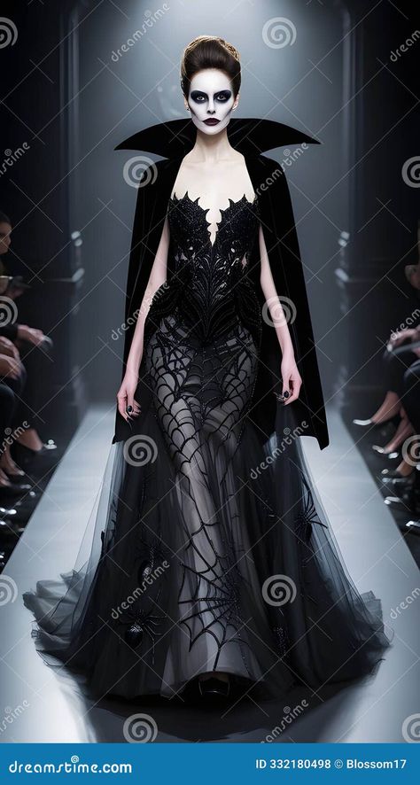 AI generated - An elegant model in a black tulle gown with spiderweb embroidery and flowing cape, illuminated by mist and a dark background Black Tulle Gown, Spiderweb Embroidery, Sophisticated Halloween, Witch Lighting, Soiree Outfit, Minimalist Halloween, Pumpkin Display, Abstract Animal Art, Gold Pumpkins