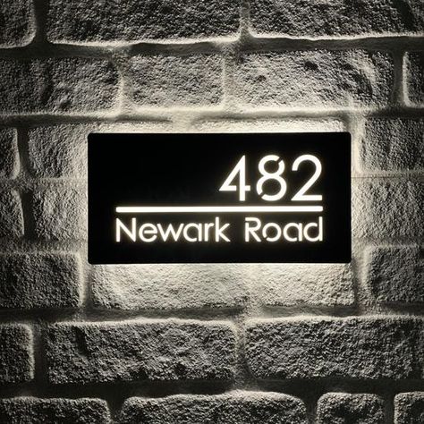 Matte Black Background, Modern House Numbers Sign, Led House Numbers, House Number Plates, Door Plates, Hotel Light, Name Plate Design, Led House, Illuminated Signs