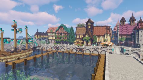 WIP view of the port city!   http://www.youtube.com/c/fWhip Ship Dock Minecraft, Minecraft Medieval Port City, Minecraft City On Water, Minecraft Sea Side Village, Minecraft Medieval Dock Ideas, Minecraft Sea Port, Minecraft Harbor Town, Port City Minecraft, Minecraft Coastal Town