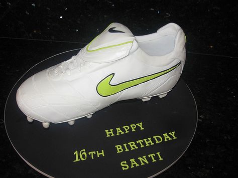 Nike Tiempo soccer shoe cake by Koulas Cake Creations, via Flickr Nike Cake, Cake Sculpting, Football Themed Cakes, Football Cakes, Football Birthday Cake, Kids Party Inspiration, Shoe Cakes, Soccer Cake, Nike Football Boots