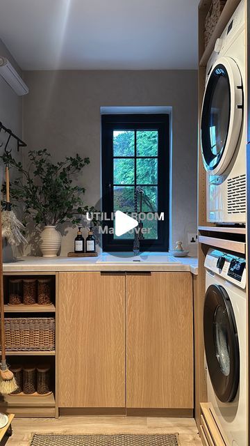 Michaela Shoebridge on Instagram: "How we upgraded our utility room by stacking our appliances. What do you think? I think the video explains it all but please let me know if you have any questions. Was totally inspired by the lovely Kerry @klk.interiors . 

More details here: 
Used @ikeauk Metod cabinet to go underneath the sink
Oak PAX wardrobe frame FROM @ikeauk used for stacked appliances. This is the 75cm wide one and the deeper version.
Used the @ikeauk PAX oak wardrobe, the smaller depth one for the open shelving cabinet. We cut this into 2 parts as you can see in the video. 
3cm steel rods are from @wickes 
Appliances and all accessories are from @amazonuk 
Stick on flooring @amazonuk 
All tagged in my storefront. 

#utilityroom #utilityroomdecor #utilityroominspo #amazonfinds #uti Stick On Flooring, Stacked Appliances, Klk Interiors, Shelving Cabinet, Cabinets To Go, Oak Wardrobe, Pax Wardrobe, Steel Rod, Utility Room