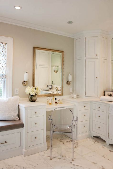 Drop Down Makeup Vanity Crown Point Cabinetry, Corner Drawers, Corner Bathroom Vanity, Custom Bathroom Cabinets, Vanity Seat, Closet Vanity, Corner Vanity, Custom Bathroom Vanity, Bathroom Cabinetry