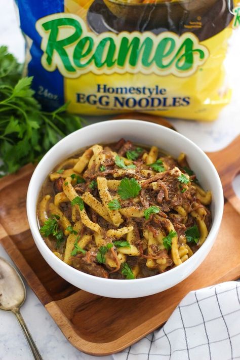 Beef And Noodles Frozen Noodles, Beef And Noodles With Reames Noodles, Reames Noodle Recipes, Easy Beef And Noodles, Slow Cooker Beef And Noodles, Reames Noodles, Noodles Crockpot, Beef And Noodles Crockpot, Egg Noodle Recipes