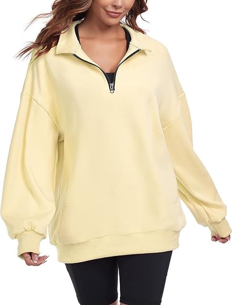 Casual Long Sleeve Sweatshirt #top #sweater #off-shoulder #offshoulder #pastelyellow #yellow #pale #fall #autumn #cozy #knit #fleece #aesthetic #trendy #trend #fashion #clean #cute Yellow Sweater Aesthetic, Fleece Aesthetic, Pastel Yellow Sweater, Womens Half Zip Pullover, Yellow Sweater, Pastel Yellow, Half Zip Pullover, Fleece Sweatshirt, Oversized Sweatshirt